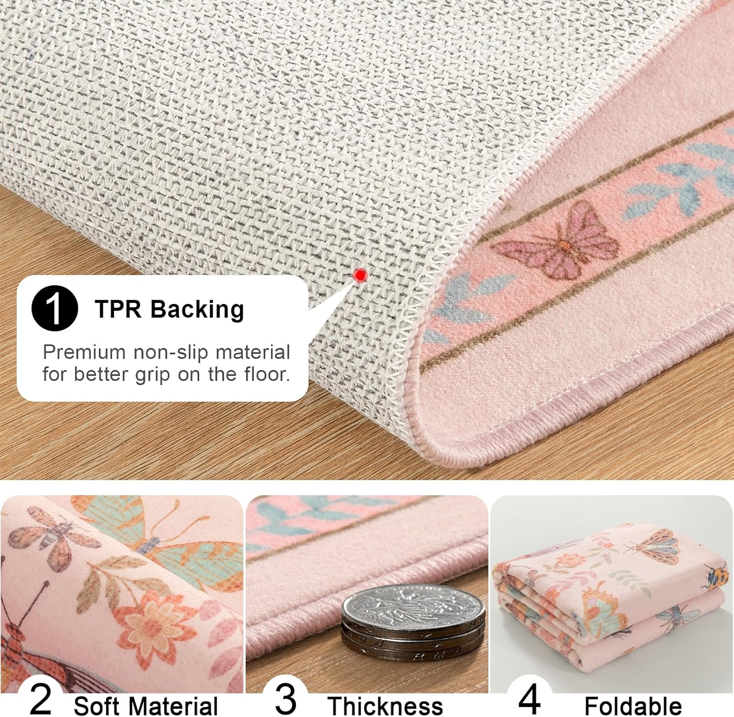 Unirea 4FT Bug Round Pink Insect Circle Rug, Washable Non Slip Area Rug for Entryway, Kitchen, Bedroom, Bathroom, Nursery, Living Room, Thin Soft Circular Rugs Indoor Décor, Low Pile Carpet