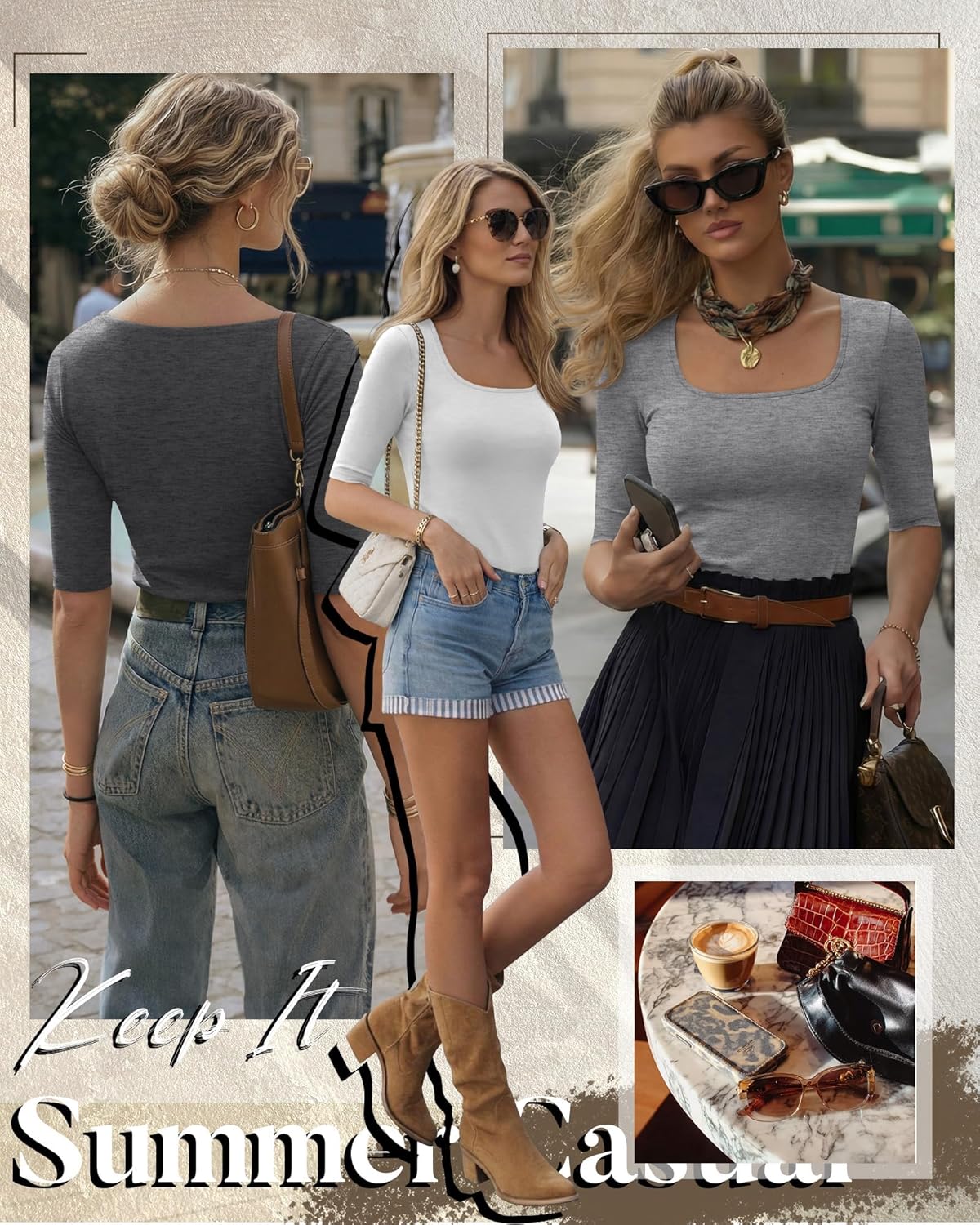 Neer 4 Pack Women's Half Sleeve Shirts Cotton Blend Elbow Length Tees Stretchy Square Neck Slim Fitted Casual Basic Tops - Image 3