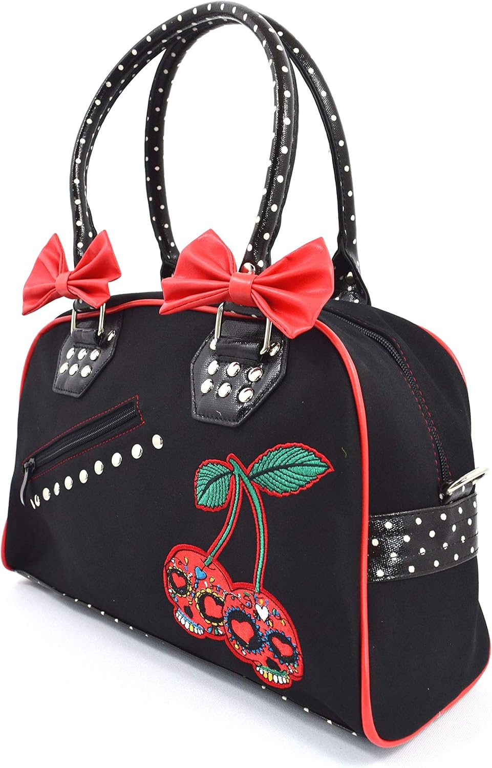 Lost Queen Cherry Bomb Skull Cherries Polka Dot Bow Handbag Rockabilly Black Red - Image 4