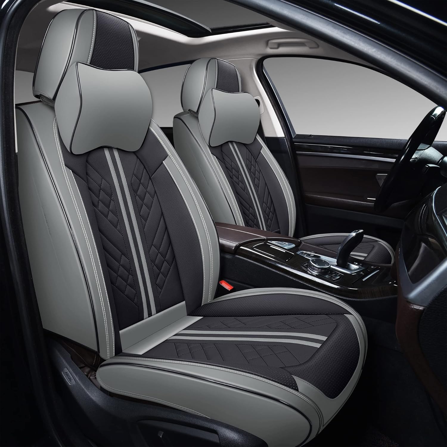 GXT Car Seat Covers Front Seats Only, Front Car Seat Covers 2 Pack, Premium Faux Leather Car Seat Cushion - Universal Fit for Most Sedans SUV Pick-up Truck with Headrests(Grey and Black)