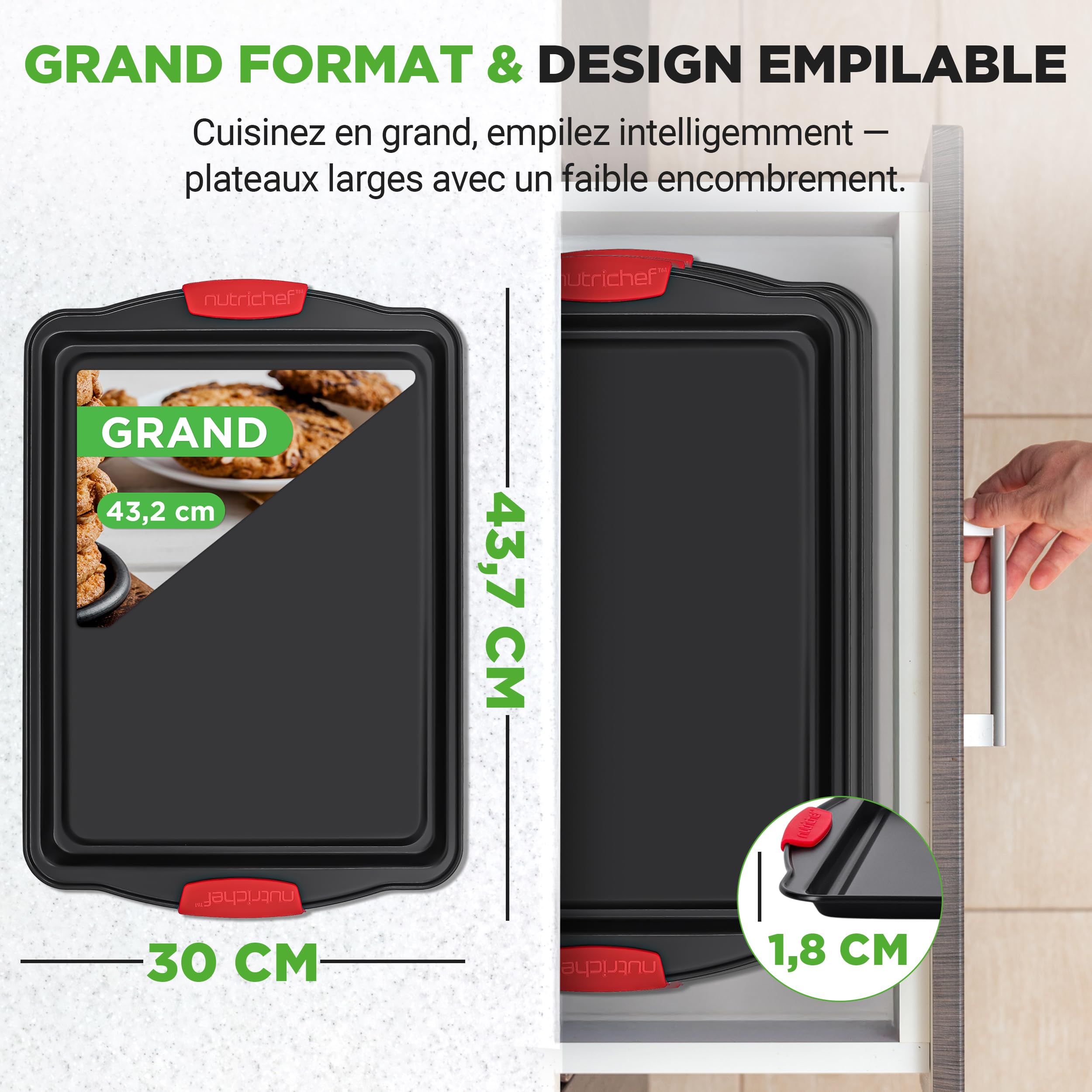 NutriChef Lot de 3 Grandes Plaques à Cookies – Antiadhésives, Empilables, Anses Silicone, 230 °C, Distribution Thermique Uniforme, Noir