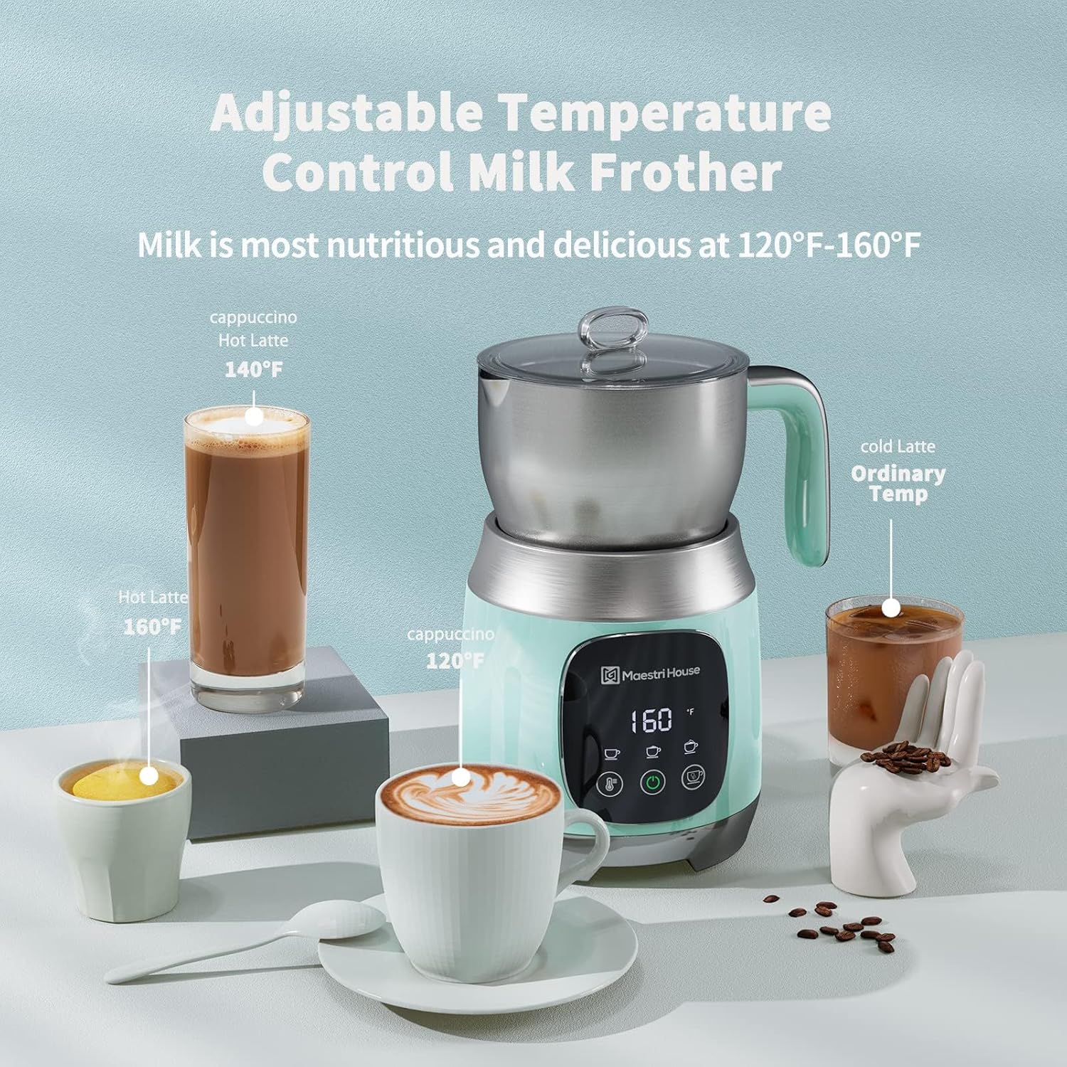 maestri house milk frother, 21oz variable temp and froth thickness milk frother and steamer, smart touch control milk warmer, dishwasher safe, memory function for latte cappuccino hot chocolate blue