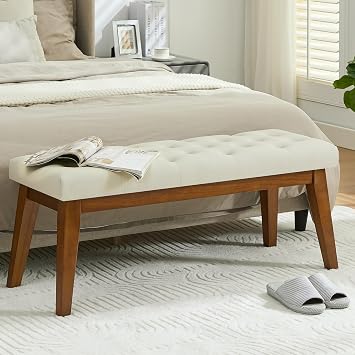 43.5 Faux Leather Bedroom Bench, Upholstered End of Bed Bench with Tufted Button, Padded Vintage Dining Bench, Entryway Bench with Solid Wood Legs, Kitchen, Living Room, Hallway, Beige Tufted
