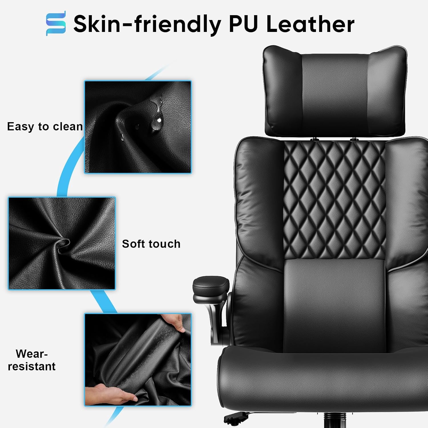 Sytas Executive Office Ergonomic Chair with Adjustable Headrest, PU Leather Desk Chair, High-Back Swivel Task Chair for Home Office, 135° Reclining, Black
