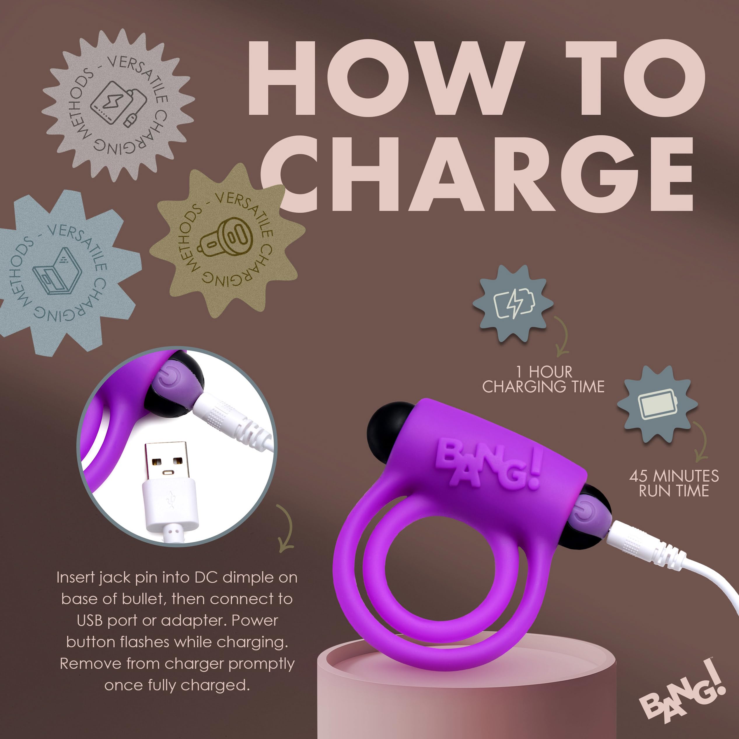Amazon.com: BANG! Remote Control 28X Vibrating Cock Ring & Bullet  Purple  Silicone Cockring with 28 Patterns, Waterproof Adult Toy : Health &  Household