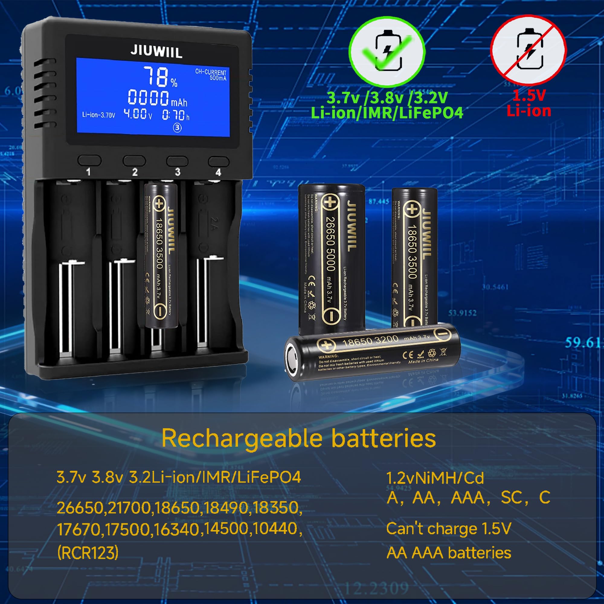 Caricabatterie 18650, Caricabatterie Universale a 4 slot con Display LCD per Batterie Ricaricabili Li-Ion 26650 17500 16340 (RCR123) 14500 10440 16340