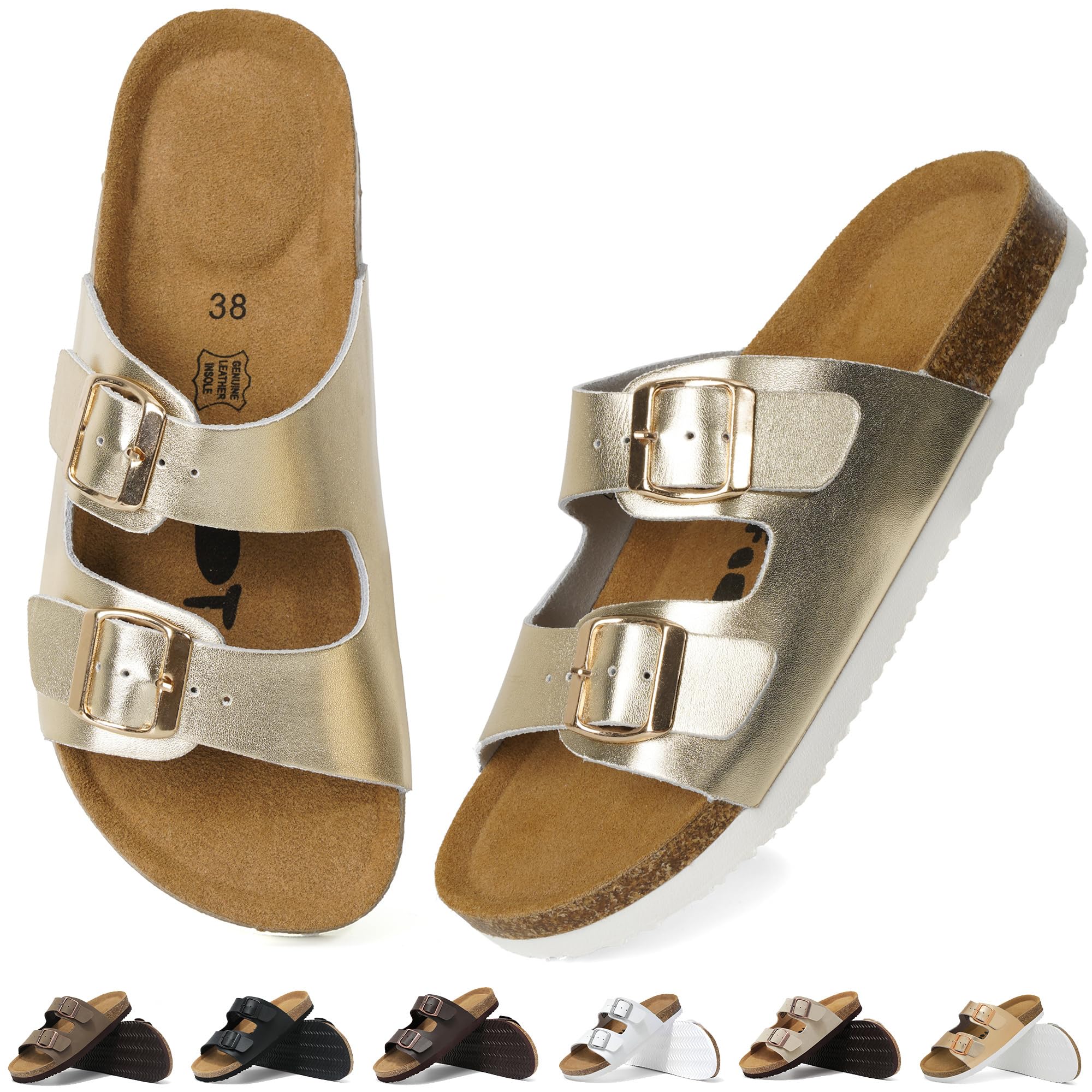 Wizshoe Pantoletten Damen Korkfußbett Sandale Clogs Leder Slide Gr.36-42 | Schlupfsandalen Hausschuhe Sandalen Strand mit Verstellbarer Schnalle Frauen Latschen Memory-Schaum Bequem