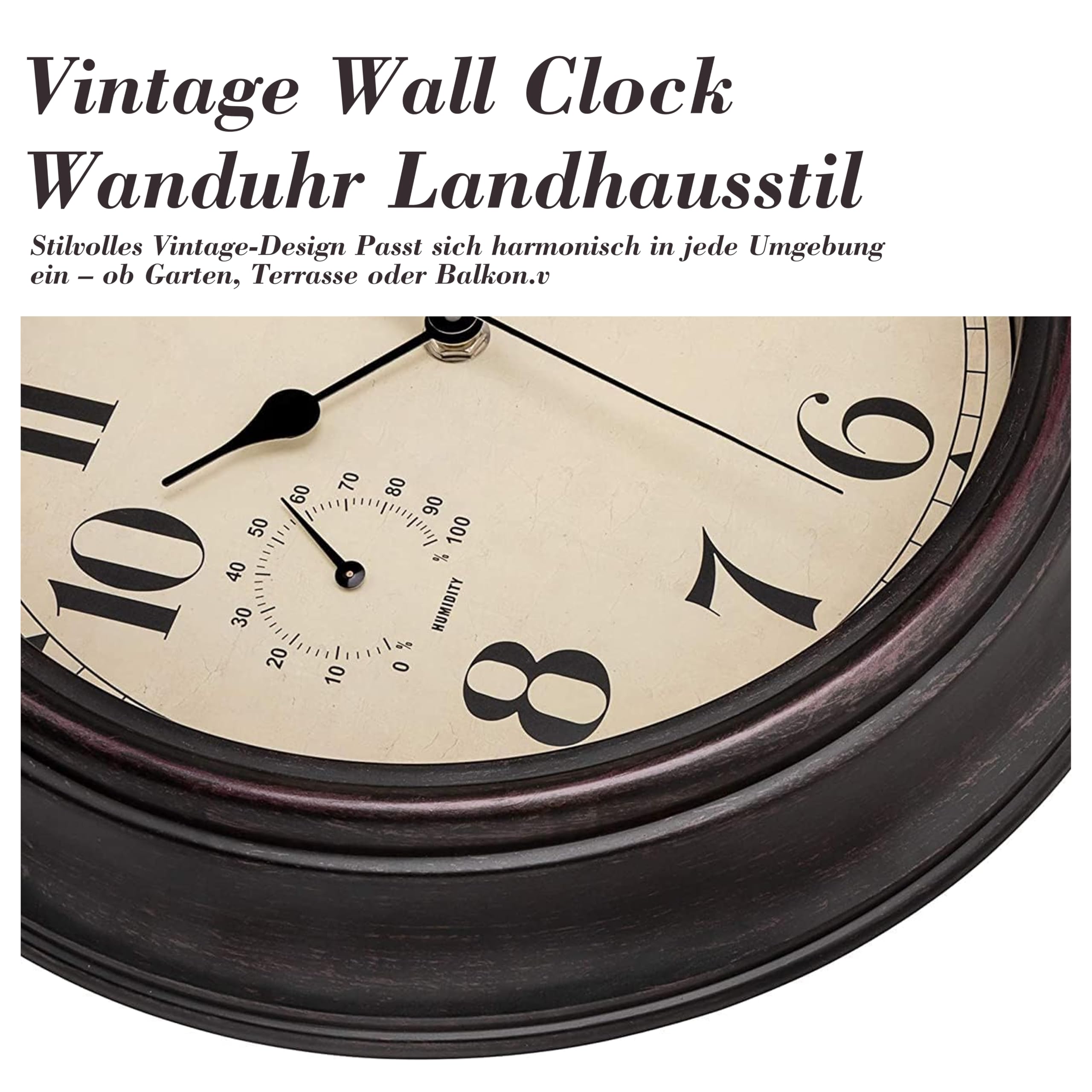 Foxtop Orologio da Parete Esterno 12 Pollici (30 cm) Vintage Impermeabile con Termometro e Igrometro - Silenzioso per Interni, Esterni, Giardino, Veranda, Cucina, Piscina