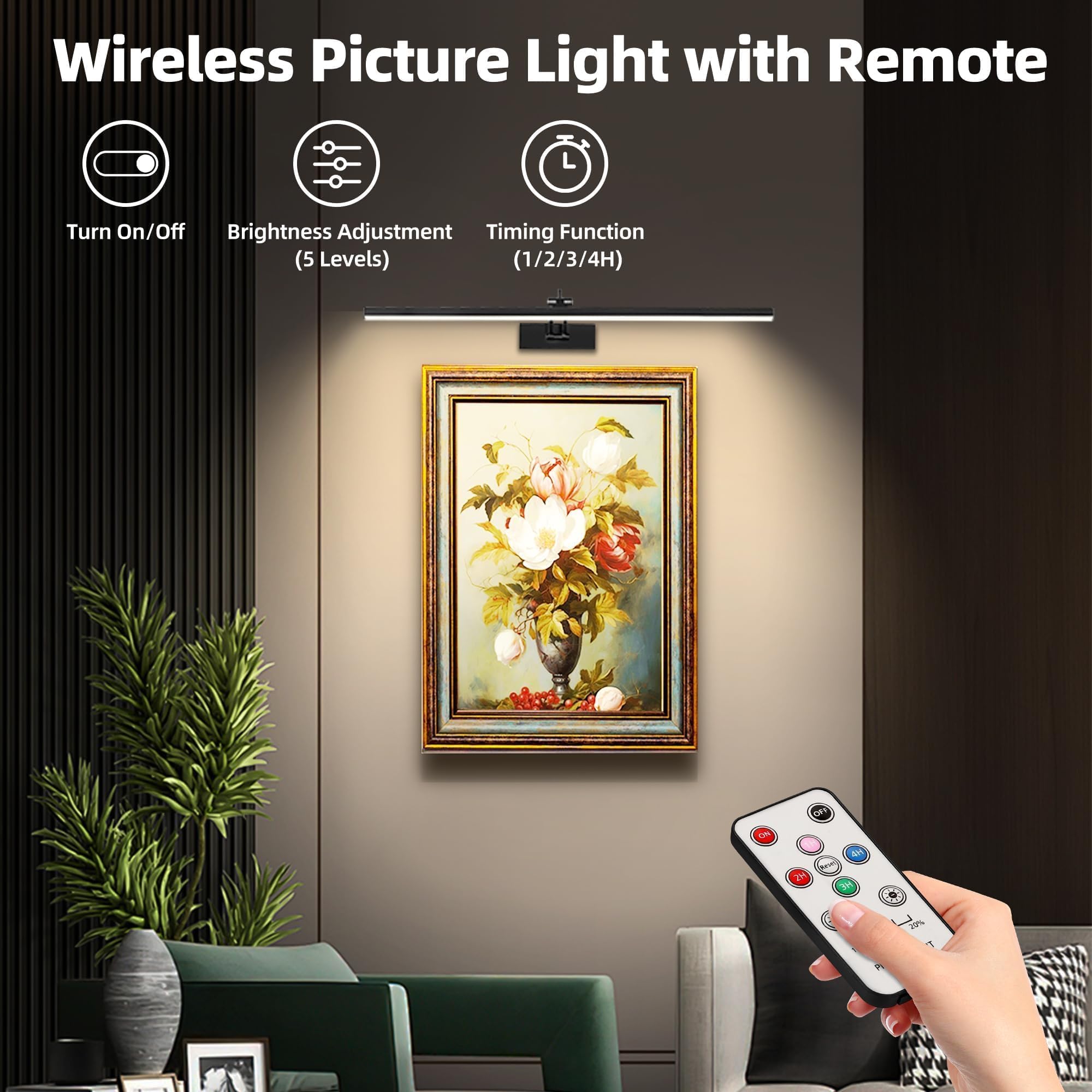 Confezione da 4 luci per parete, illuminazione artistica da 58,4 cm per dipinti senza fili, batteria ricaricabile da 6400 mAh, con telecomando dimmerabile e timer per opere d'arte, galleria, cornici