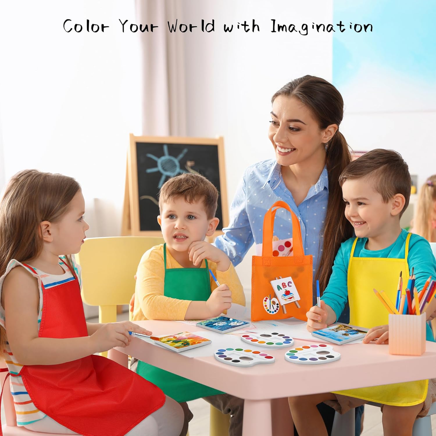 Aodaer 96 Pieces Mini Watercolor Paint Set Include 12 Colors 4 x 4 Inch Watercolor Paints, Wooden Canvas Easels, Canvas Tote Bags, Aprons, Back to School Art Beginner Supplies for Painting