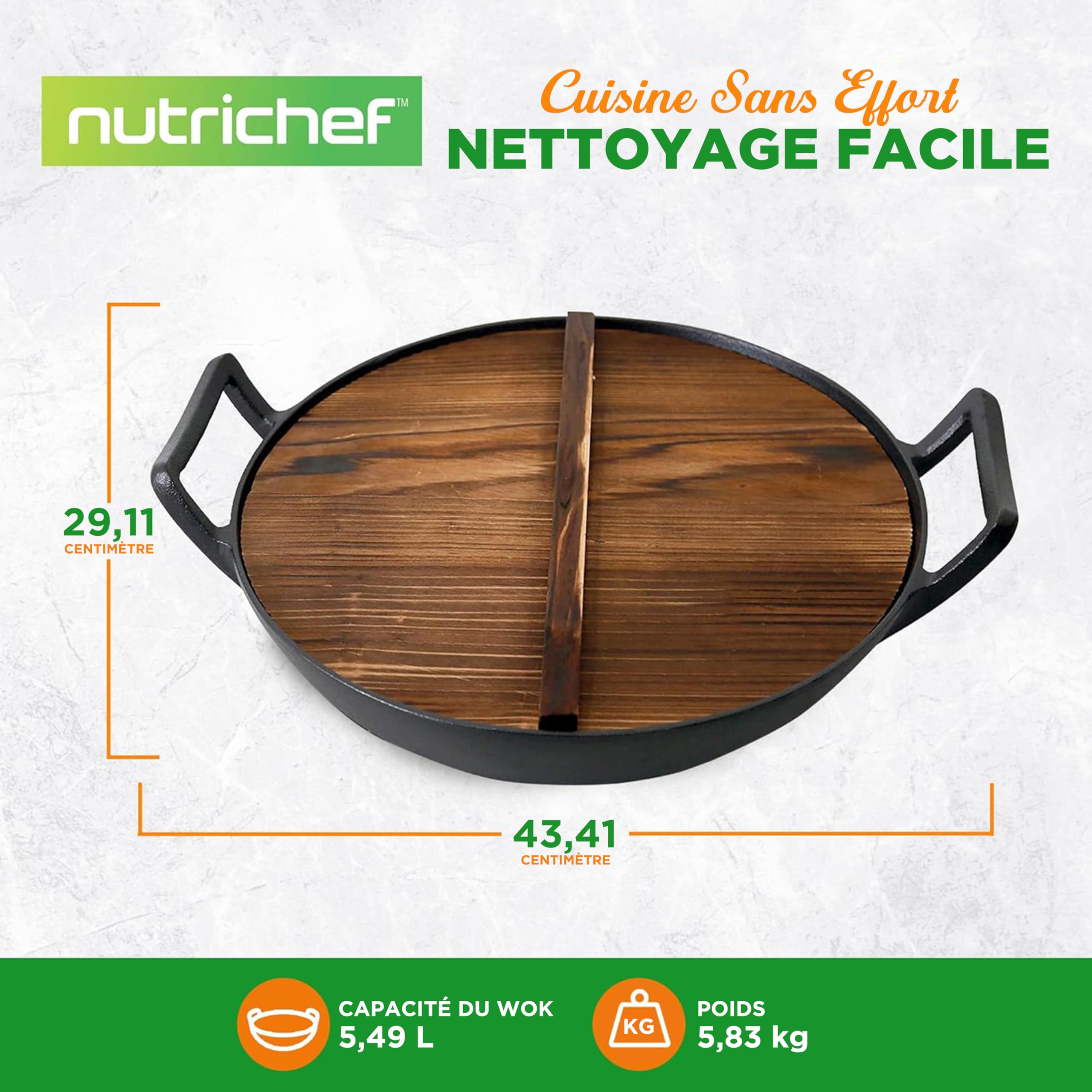 NutriChef Wok en Fonte-Pré-assaisonnée de 5,5 L - Poêle - Couvercle en Bois - Compatible avec Plaques de Cuisson Électriques et Induction - Grande Taille, Black