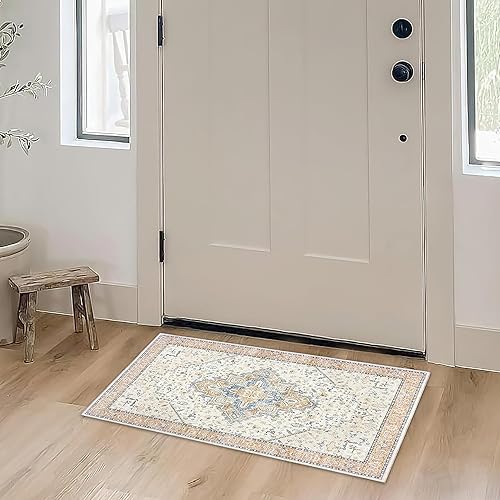 Vista 19 de Alfombra moderna de estilo bohemio para sala de estar, lavable, desgastada, con patrón de medallón de damasco, para sala de estar, hogar, oficina