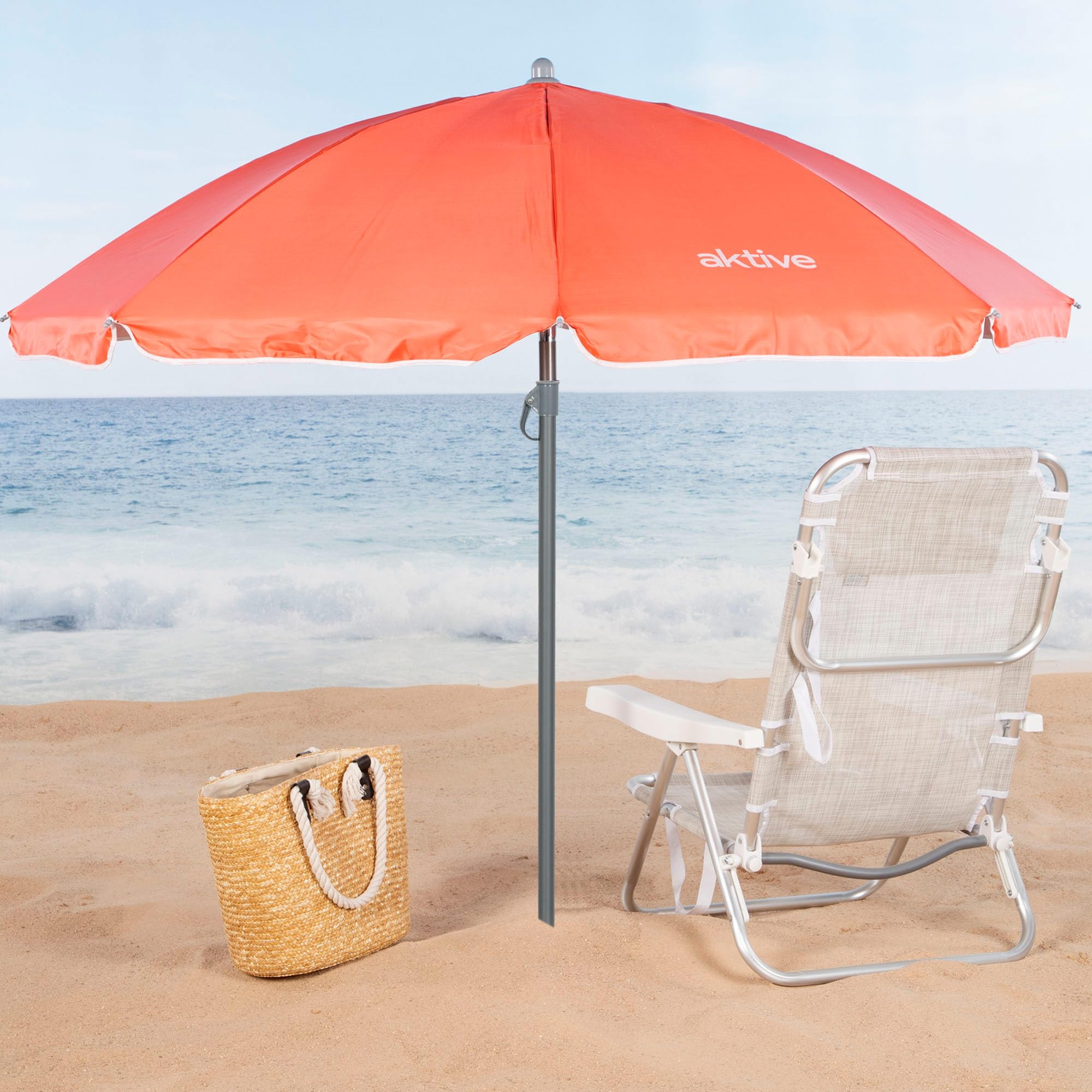 AKTIVE Koralowy składany parasol plażowy przeciwwiatrowy Ø200, ze srebrną powłoką i ochroną przed promieniowaniem UV 50, parasol plażowy, duży parasol przeciwsłoneczny, parasol plażowy (62244), koral,