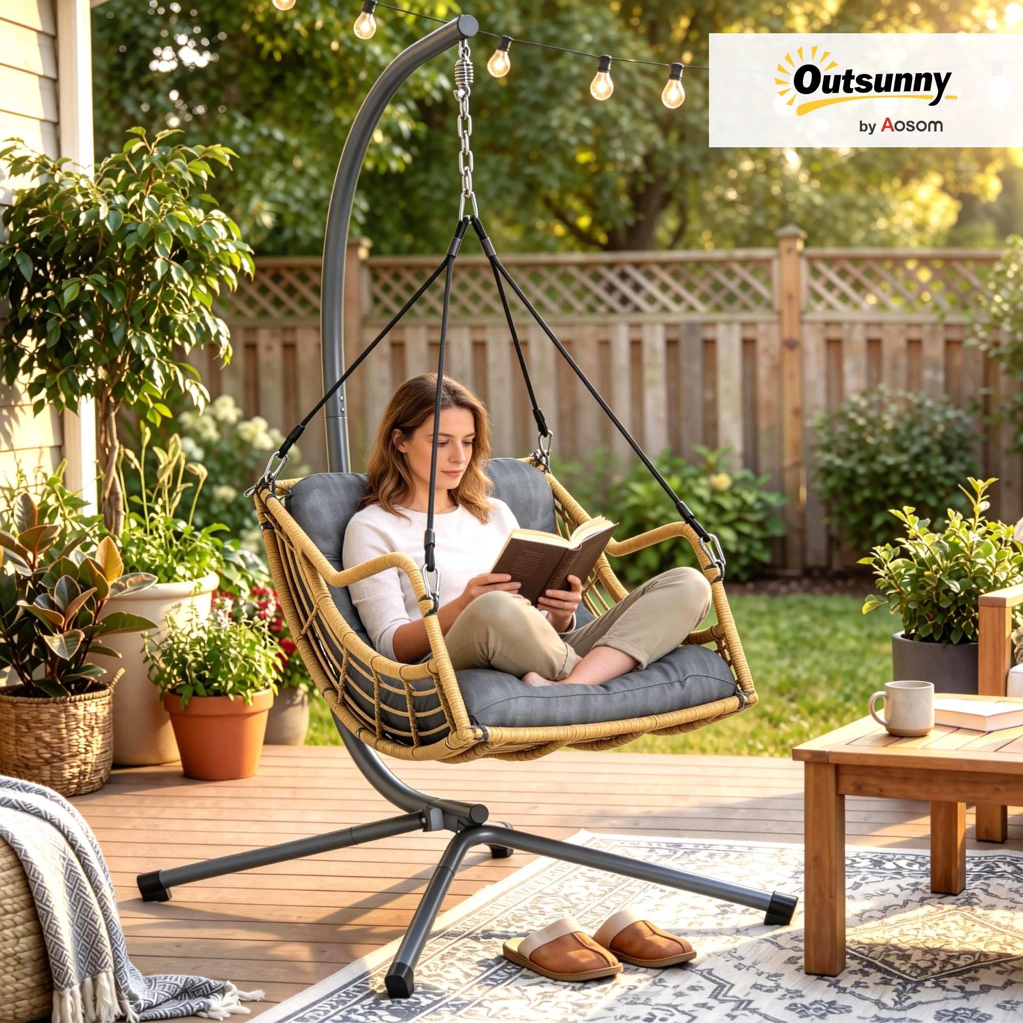 Outsunny Fauteuil Suspendu en résine tressée avec Support, Chaise Suspendue, Chaise hamac balançoire, Coussin et Attache de sécurité, Hauteur réglable, Cadre en Acier, intérieur et extérieur, Gris