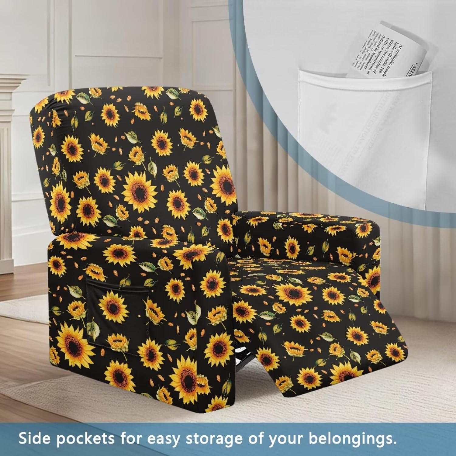 Sunflower Recliner Chair Covers for Living Room Lazy Boy Recliner Covers Chair Covers for Recliners with Arms Non Slip Reclining with Storage Pockets Portable Massage Chair Cover