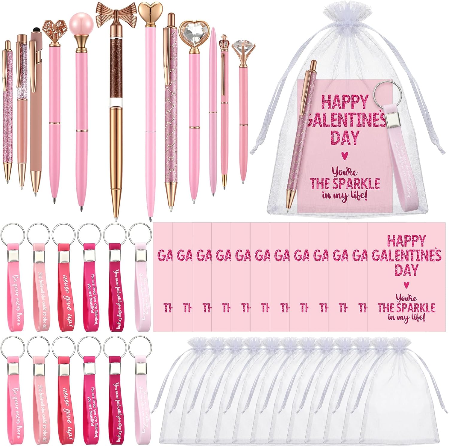 Tisancy 12 Set Galentine's Day Gift, include 12 Heart Ballpoint Pens 12 Galentines Keychains 12 Cards with Bags, Galentine's Day gift bulk for Women Friend Bestie Valentines Party Favors