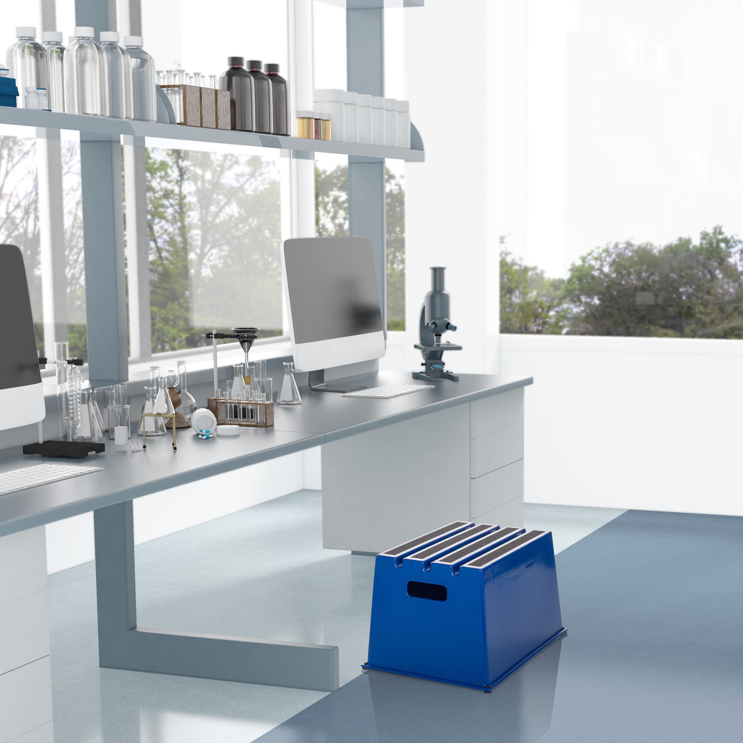 hjh OFFICE Tritthocker bis 150kg belastbar TIO-E1 Kunststoff, Rutschfester Tritt, Schemel für Zuhause und Gewerbe, 31 x 52,5 x 37,5 cm, Blau