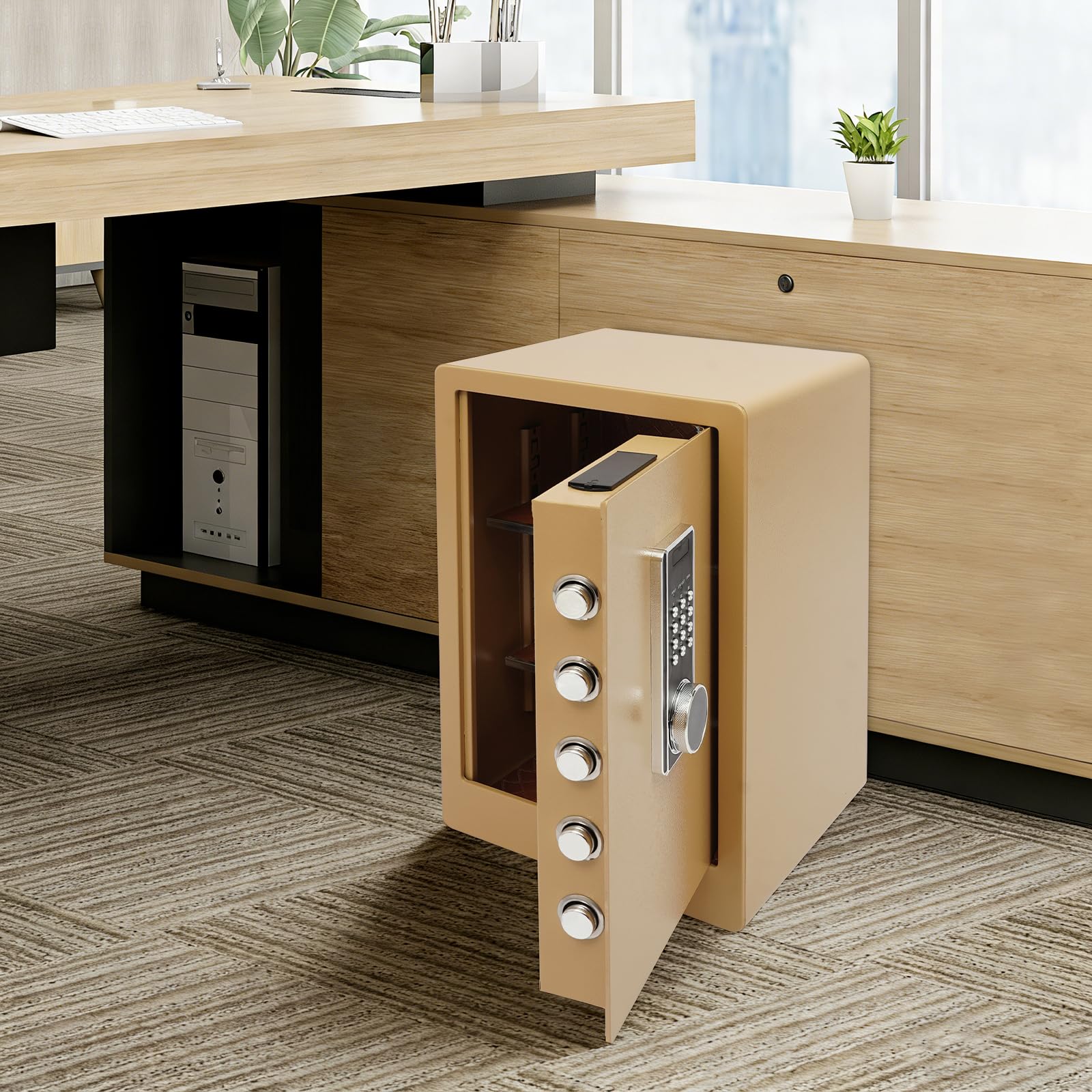 Cassaforte per mobili da 60 cm, per la casa, ignifuga, impermeabile, con serratura a combinazione e chiavi, cassaforte da parete per ufficio, cassaforte per oggetti di valore, design nero e