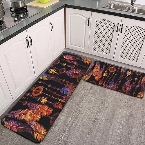 Juego de 2 alfombras y tapetes de cocina, con plumas atrapasueños, antideslizantes, acolchados, lavables, 2 tapetes cómodos para cocina, fregadero,
