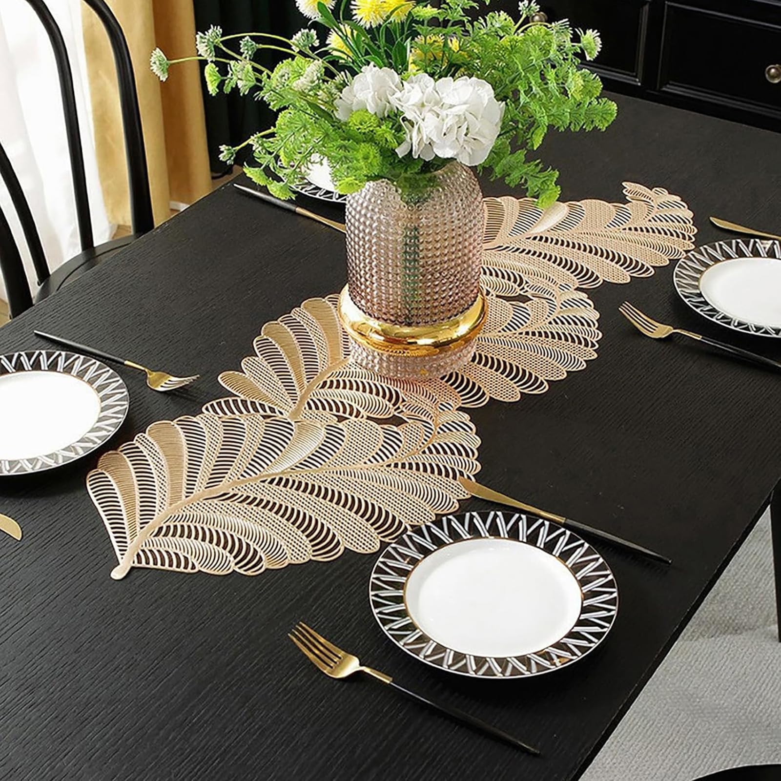 TIED RIBBONS Pack of 1 Table Mat Leaf Placemats for Dining Table Kitchen Mats Pot Non-Slip Heat Resistant Wipeable Washable Tableware (93 x 32cm, PVC, Golden)-image-32