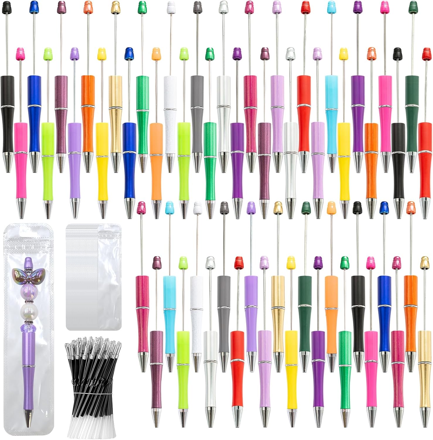 150 Pieces DIY Beadable Pen Kit – 50 Plastic Ballpoint Pens with Refills & Bags – School Supplies, Office Accessories, & Decorative Items for Students & Teachers (Multicolor) A-Multicolor 01 50