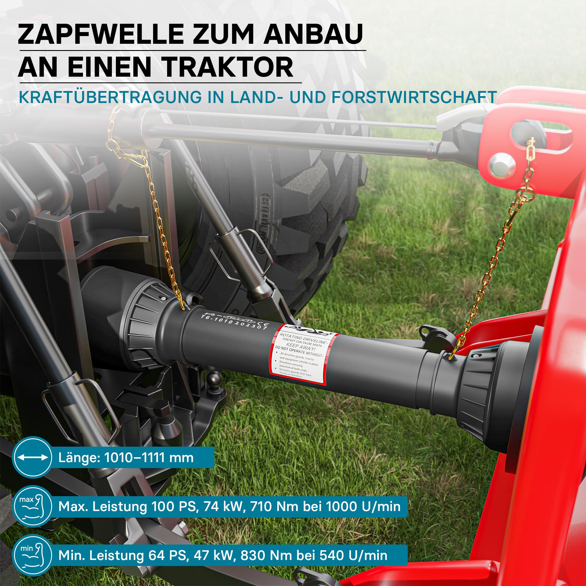 Wiltec Zapfwelle T6 Gelenkwelle 1010-1111mm 830Nm 540U/min, PTO-Shaft, 74kW (100PS), 2X 1 3/8" 6 Zähne
