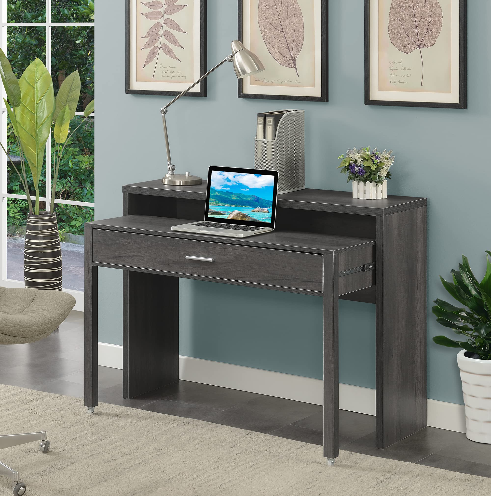 Convenience Concepts Newport JB Console/Sliding Desk with Drawer and Riser, Charcoal Gray