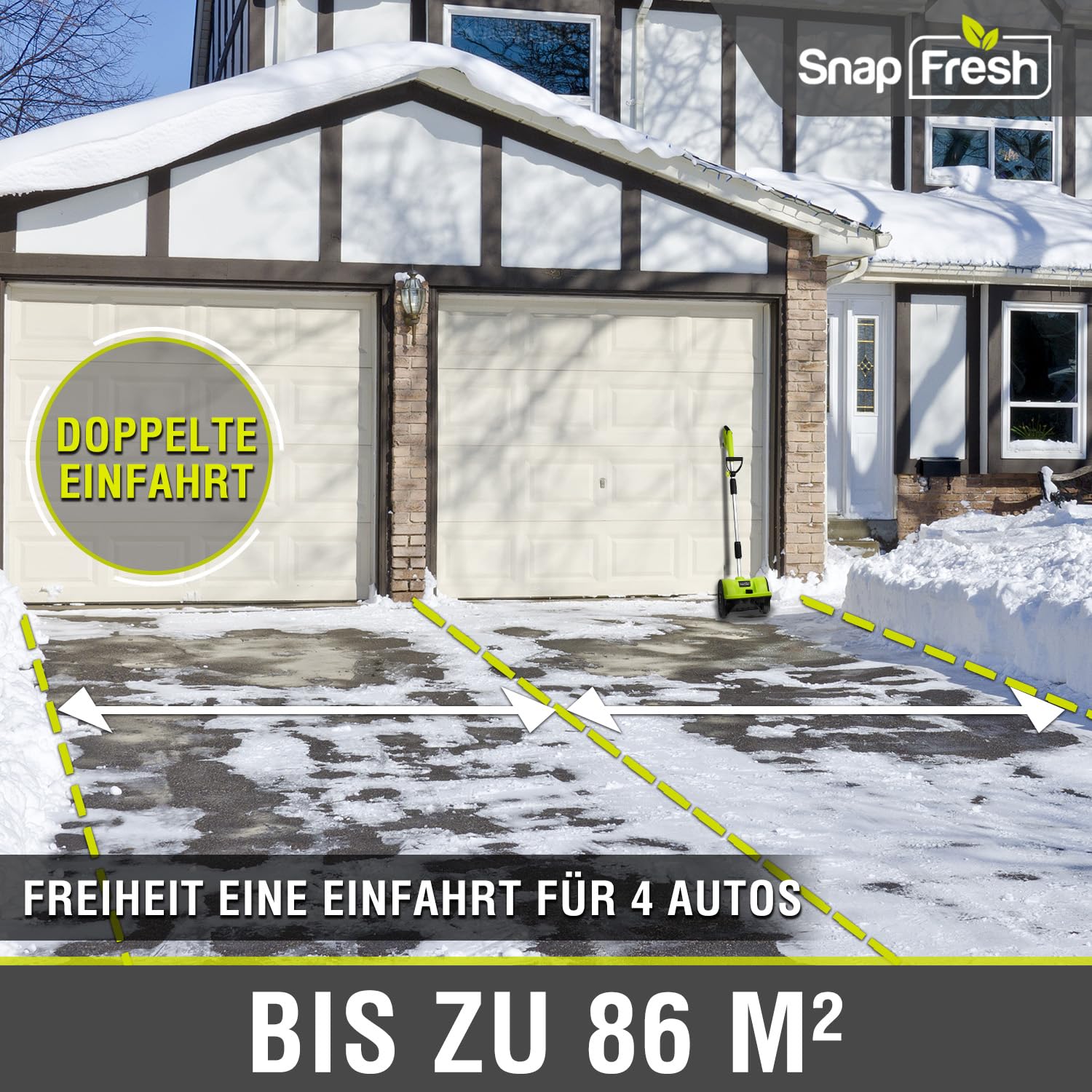 SnapFresh Schneefräse Akku 20V mit 4,0Ah & Ladegerät – Ultra-leicht nur 3,5 kg | 30 cm Räumbreite, 10 cm Schneehöhe, bis 4,5 m Auswurf | 60° verstellbarer Auswurfkanal | Ideal für Gehwege & Einfahrten