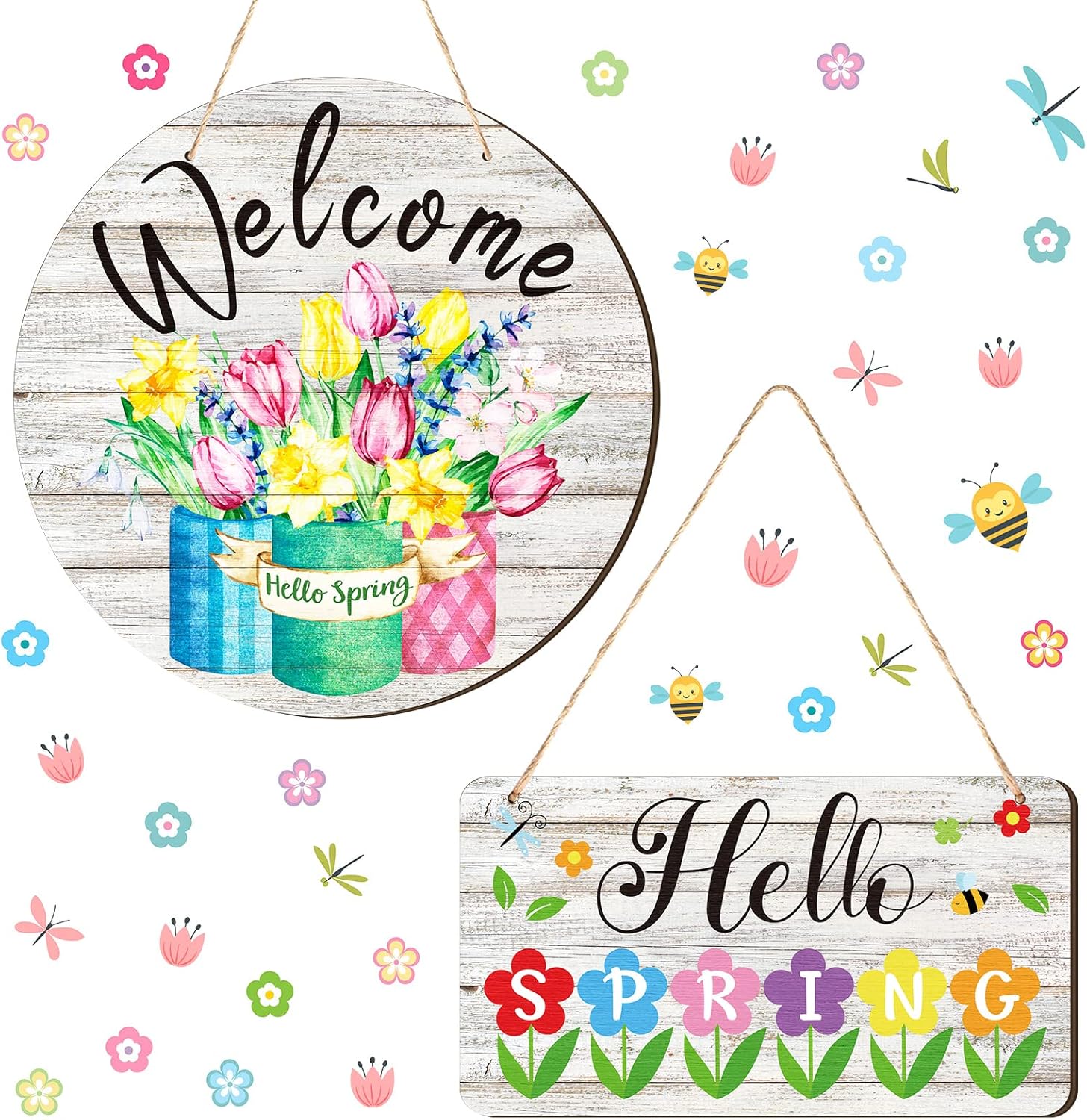 Amazon.com: 2 Pcs Hello Spring Sign Rustic Wood Decor Welcome Spring ...
