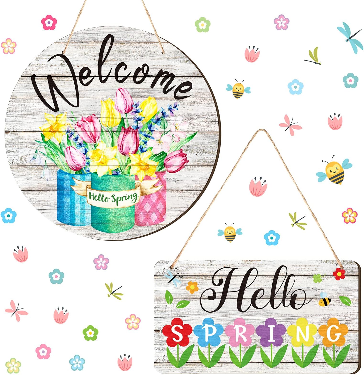 2 Pcs Hello Spring Sign Rustic Wood Decor Welcome Spring Sign Front Door Decoration with Flowers Farmhouse Wall Hanging Plaque Filleted Corner Wooden Sign for Home Bathroom Indoor Outdoor