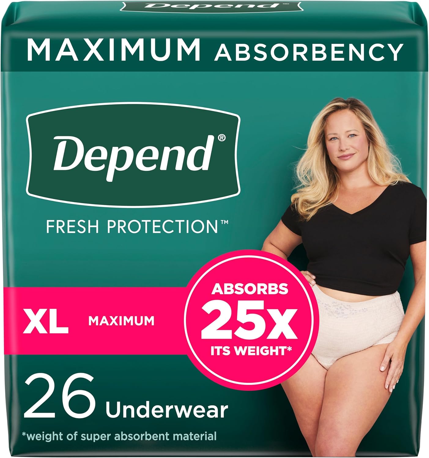Depend Fresh Protection Adult Incontinence & Postpartum Bladder Leak Underwear for Women, Disposable, Maximum, Extra-Large, Blush, 26 Count, Packaging May Vary X-Large 26