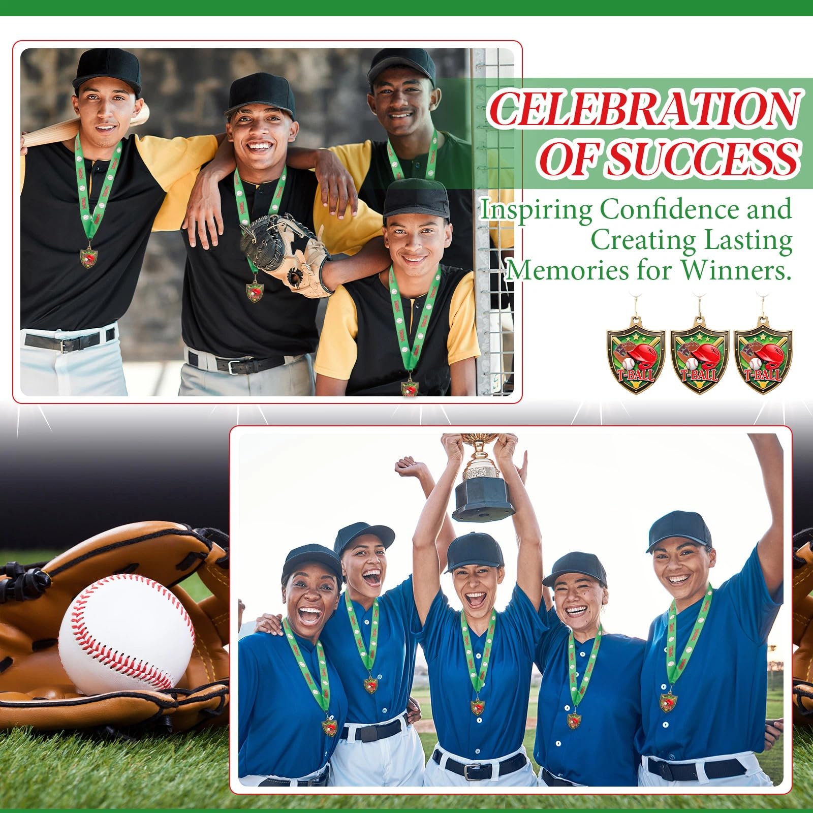 12/24/36 Stück 6,5 cm Auszeichnungsmedaillen mit Nackenband, Sportgewinner-Medaille, Trophäe für Team-Turniere, Preis, Geschenk, Teilnahme, Wettbewerb, Partygeschenk (24 Stück, T-Ball)