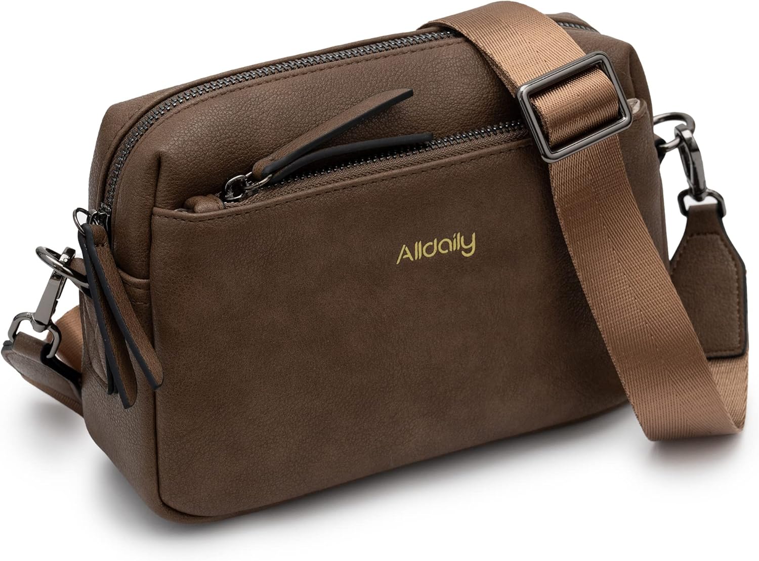 Alldaily Small Triple Zip Crossbody Purse for Women, Vegan Leather Phone Bag with Wide Shoulder Strap