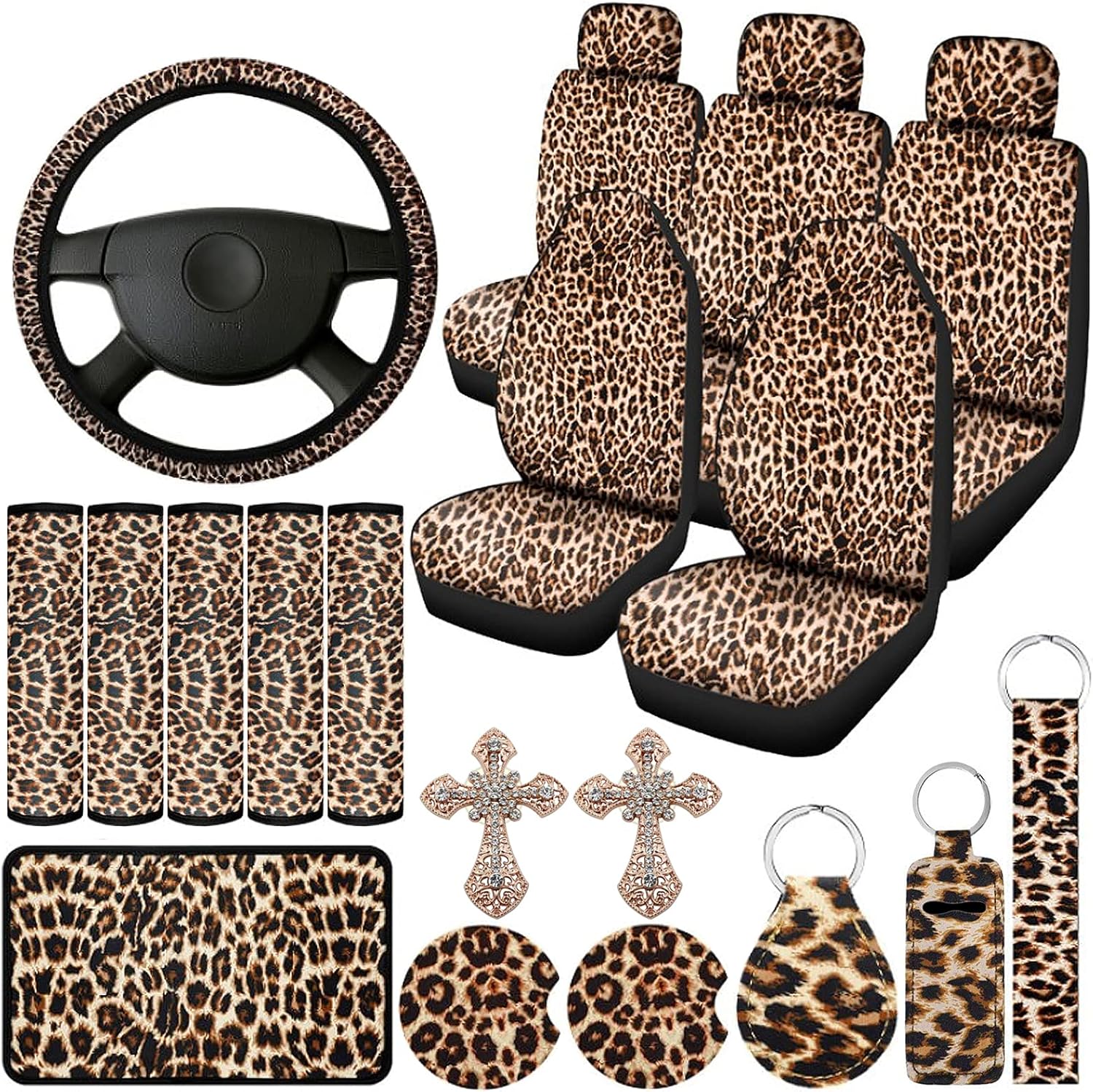 23 PCS Leapord Print Car Assecories, Include Seat Cover Leopard Steering Wheel Cover, Central Control Armrest Pad, Car Coasters and Keychain Holder, Headrest Covers, Ventilation Hole Decor