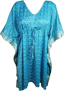 Mogul Interior Women Kaftan Dress Printed Blue Resort Wear Summer Short Caftan Dresses One Size