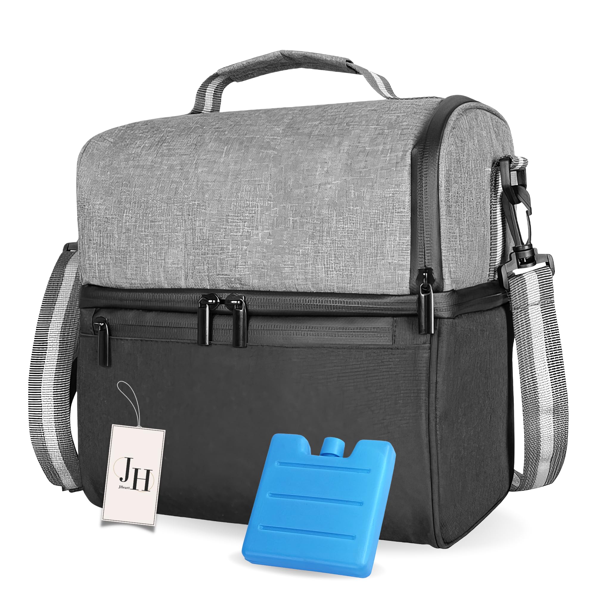 JHeart Insulated Lunch Bag for Women & Men with Ice Pack - Cooler Bag for Office & School, Leakproof Lunch Box Bag with Adjustable Shoulder Strap for Kids & Adult (Grey)