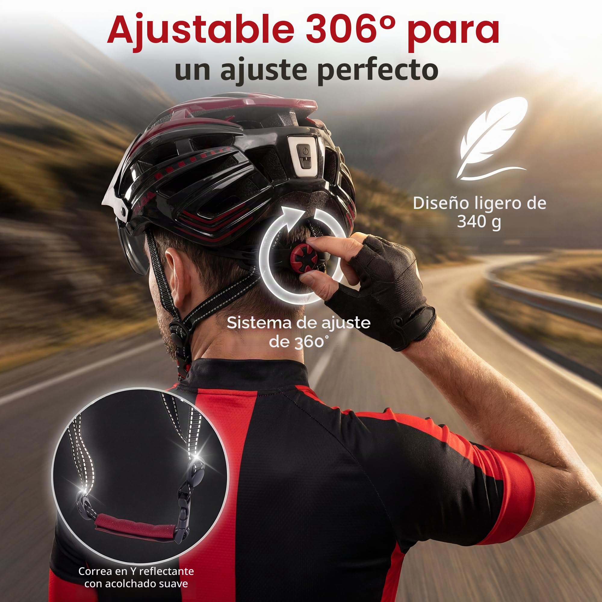 RLQA Casco Bicicleta Adulto – Casco MTB y Bici con Visera Magnética Desmontable y Gafas, 24 Orificios de Ventilación, Luz Trasera LED y Talla Ajustable