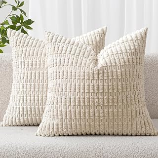 MIULEE Corduroy Throw Pillow Covers 18x18 Pack of 2 Cream White Striped Boho Modern Farmhouse Decor for Sofa Couch Bed