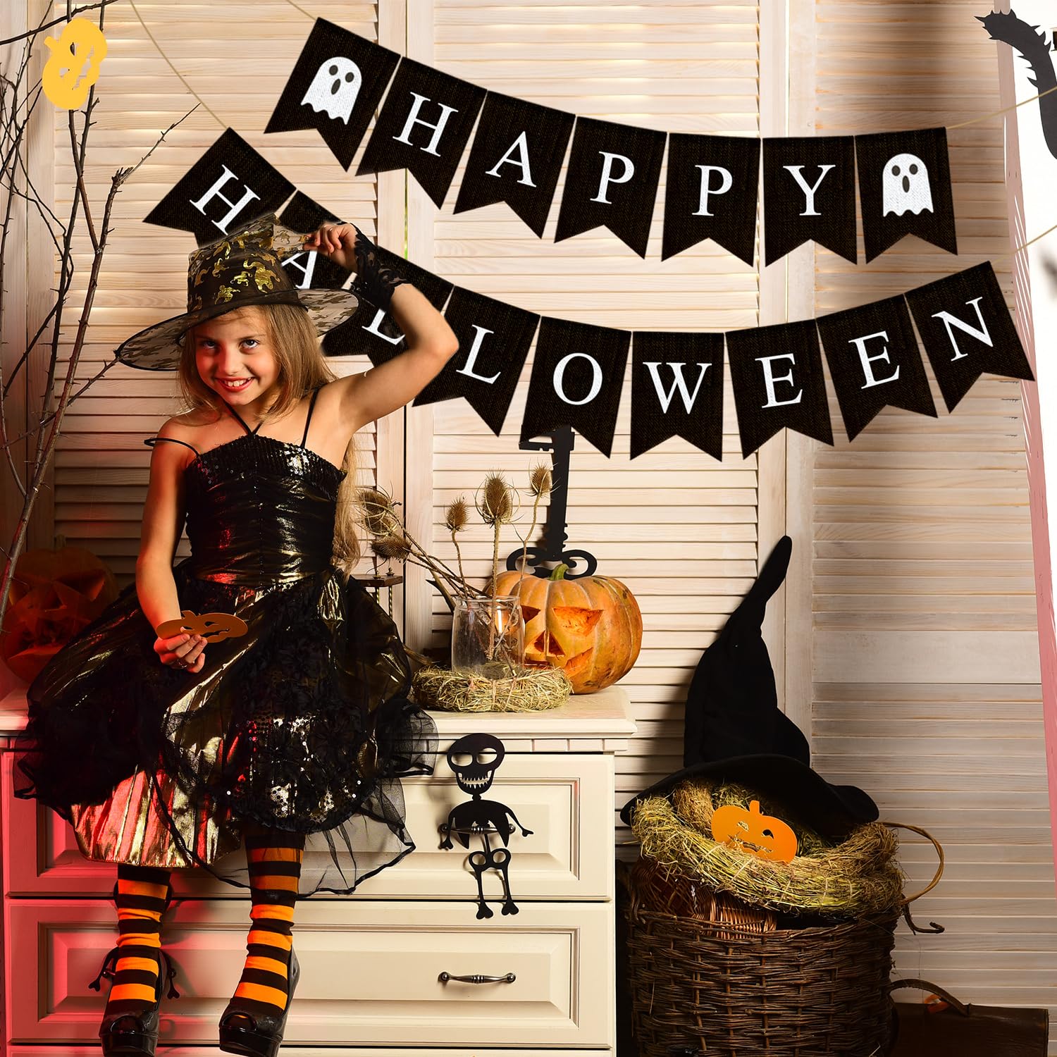 FECEDY Halloween-Dekoration Set – Banner, Wimpelkette, Wabenbälle, Konfetti-Girlande & Luftschlangen