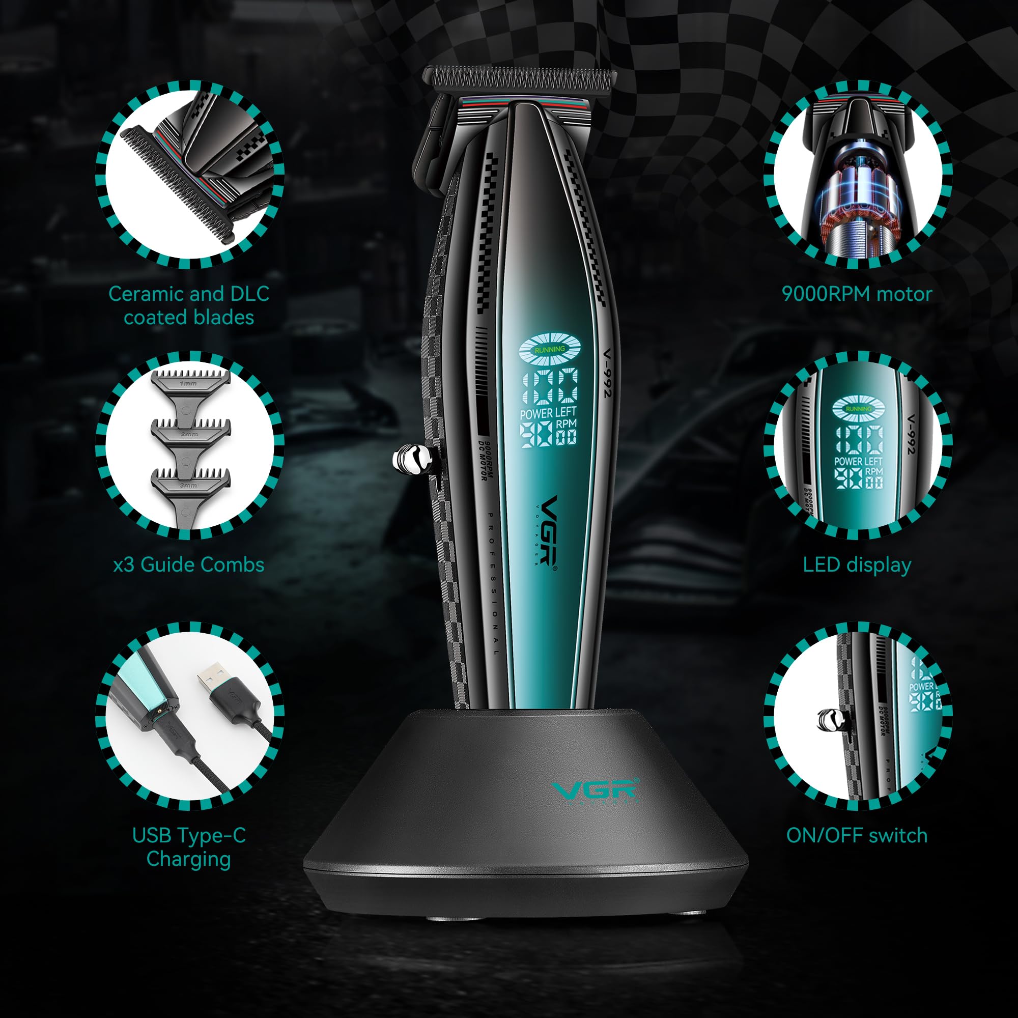 VGR Professioneller Bartschneider für Männer, 9000 U/min Elektrischer Gleichstrommotor, Präzisions-DLC-T-Klinge, kabelloser USB-C-wiederaufladbarer 240-min-Akku mit Dock, Barber Hair Detailer für