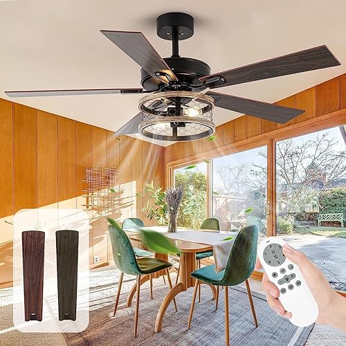 ZHUYILONG Ventiladores de techo de granja de 52 pulgadas con luces ventilador de techo negro rústico enjaulado con luz y control remoto 5 aspas de