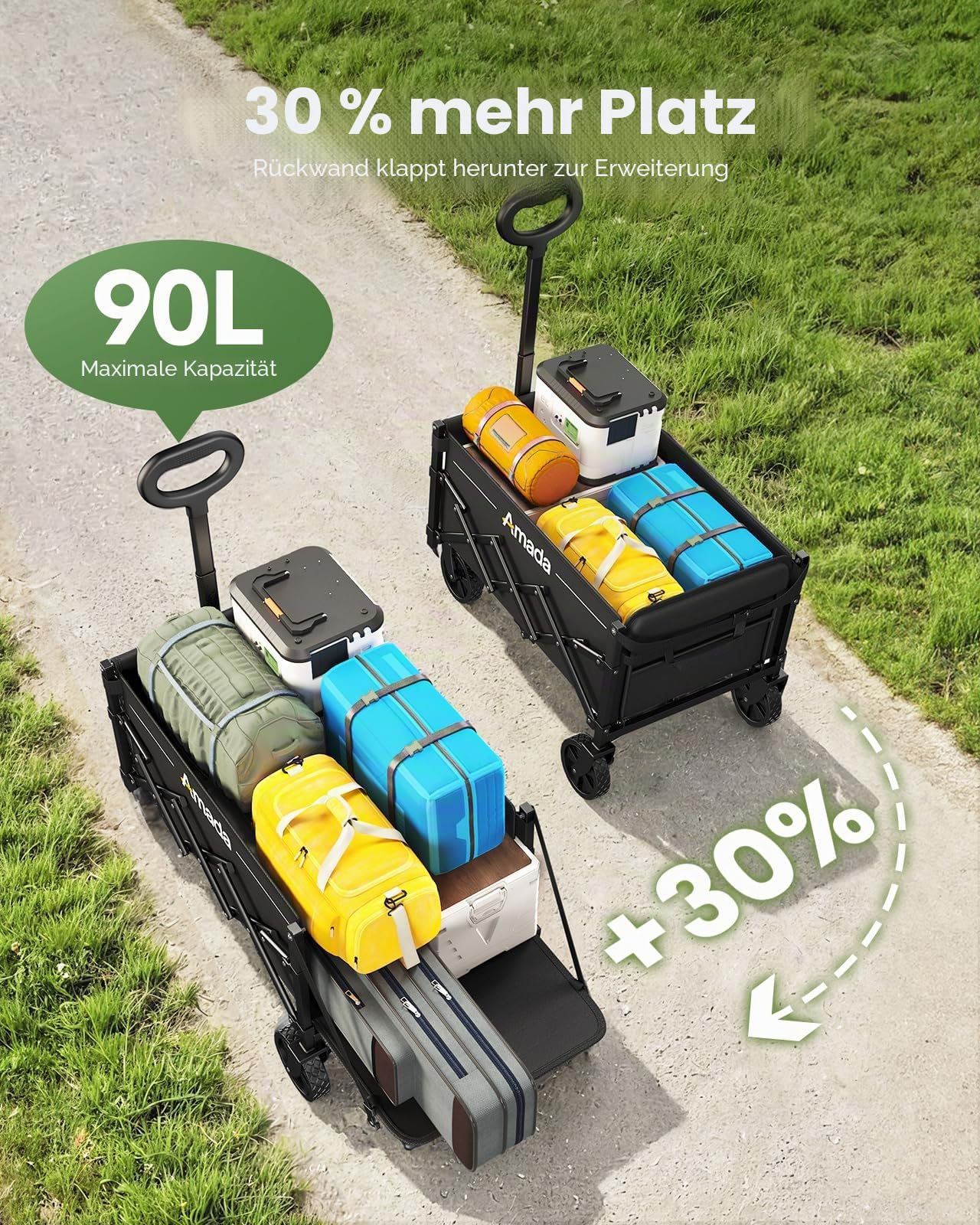 AMADA HOMEFURNISHING Bollerwagen faltbar, klappbarer Bollerwagen mit Maximalbelastung 163kg & Speicherung, Faltbarer Handwagen 90L mit 2 Getränkehaltern für Outdoor, Lebensmittel, Garten & Cam