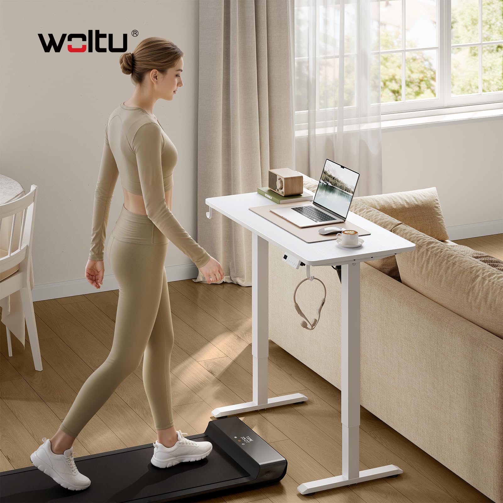 WOLTU Escritorio Elevable Eléctrico Regulable Altura 72-118 cm, con Memoria y Protección Anticolisión, con 2 Ganchos, para Oficina, Gaming o Estudio, Blanco, 100x48 cm