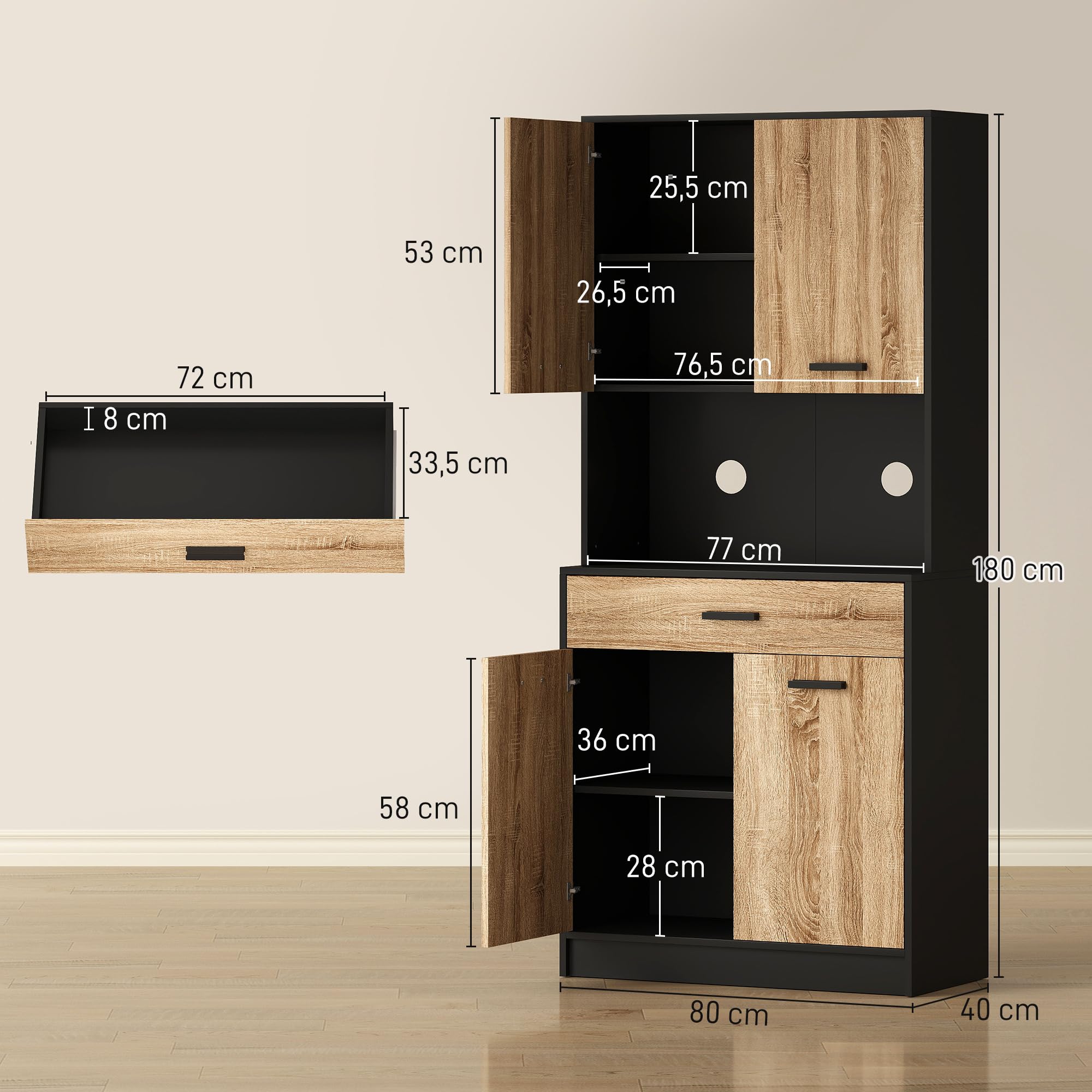 HOMCOM Armoire de Cuisine 4 Portes 1 Tiroir 80 x 40 x 180 cm Noir Naturel | Buffet de Cuisine, Meuble de Rangement, 2 Placards, Passe-Câbles, Design Industriel
