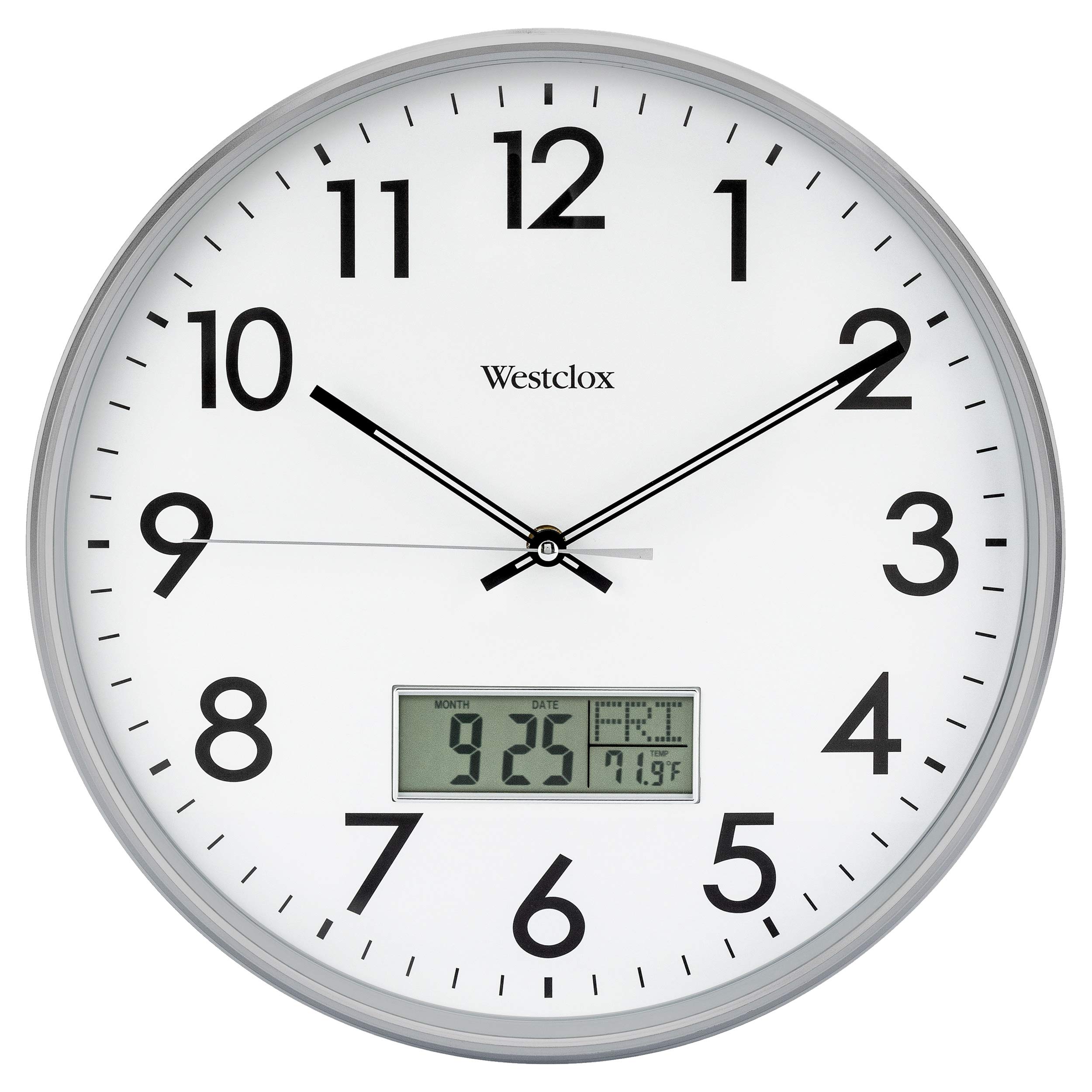 Westclox 14” Office with Digital Calendar & Temperature, Silver Wall Clock – Model# 33172