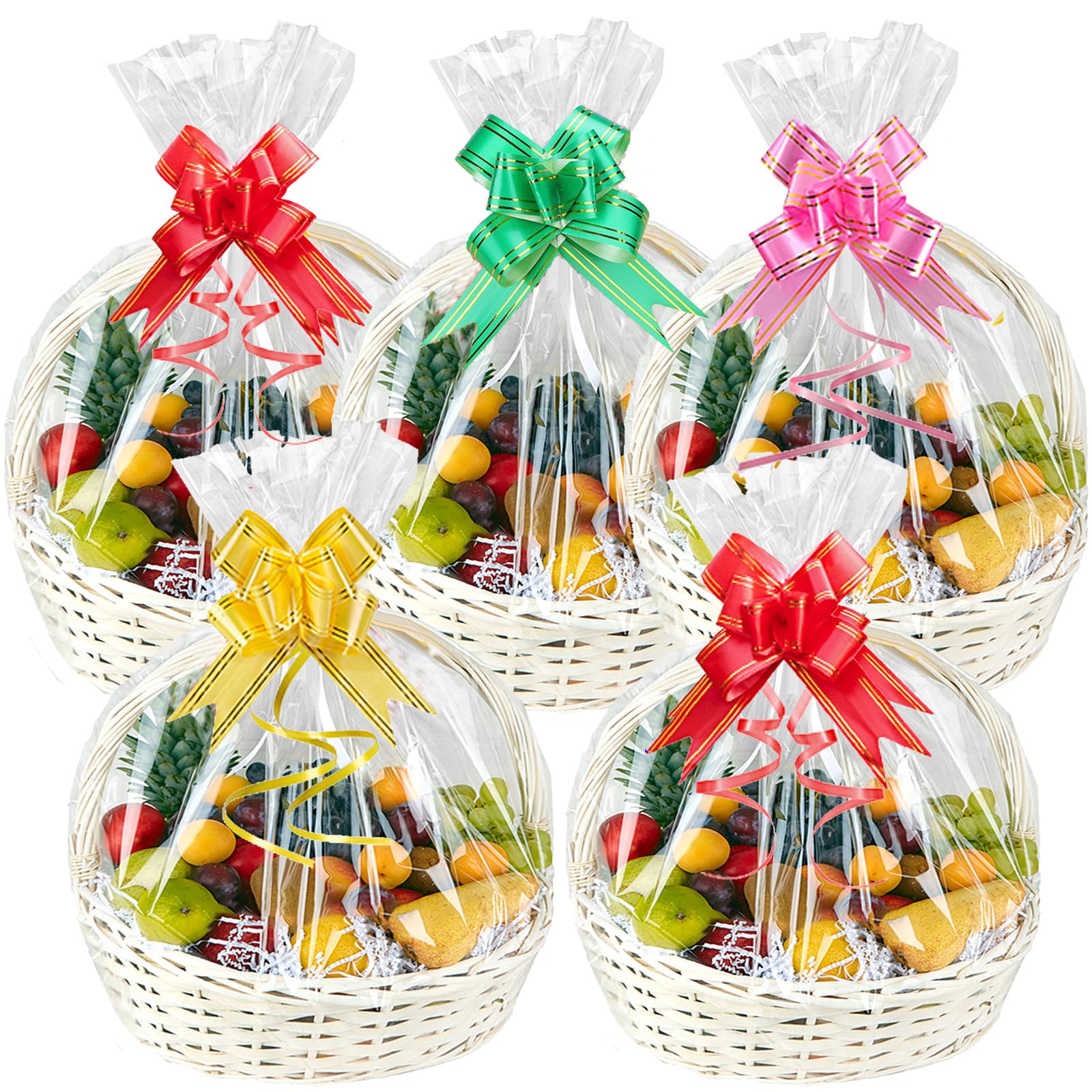 PYGHAP 15Pcs Large Cellophane Bags for Hampers, 28''x20'' Easter Hamper Wrapping Cellophane Hamper with Pull Bows, 70x50cm Basket Gift Bag for Christmas Valentine's Day Wrap (70x50cm-15PCS)