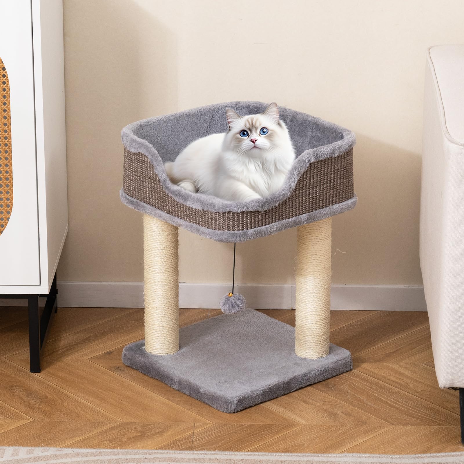 GOPLUS Arbre a Chat à 2 Niveaux avec Balle Suspendue et Clochette, Arbre à Chat Petit avec Perchoir en Peluche, 2 Poteaux à Gratter en Sisal, Centre d'Activité pour Chatons d'Intérieur (Gris)