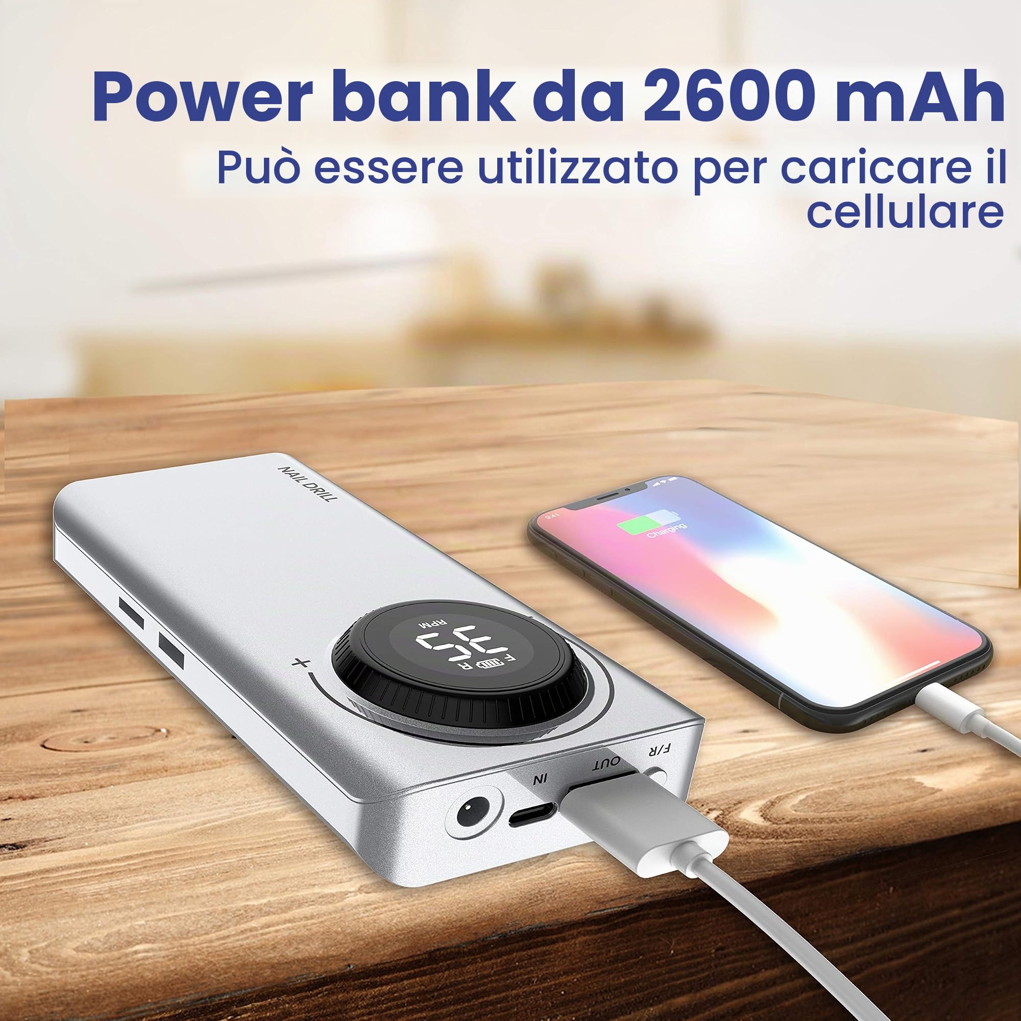 Delanie Fresa per Unghie Professionale 35000 Giri, Trapano Elettrico Ricaricabile per Unghie, Fresa Portatile per Unghie Semipermanente, Manicure e Pedicure, Adatta a Casa e Salone, Argento
