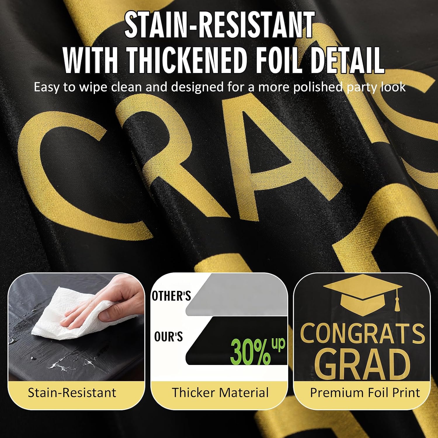 Chumia 4 Pcs Extra Thick Graduation Tablecloths Black and Gold Congrats Grad Reusable Waterproof PEVA Table Covers Decorations for Class of 2026 Grad Party Supplies image 4