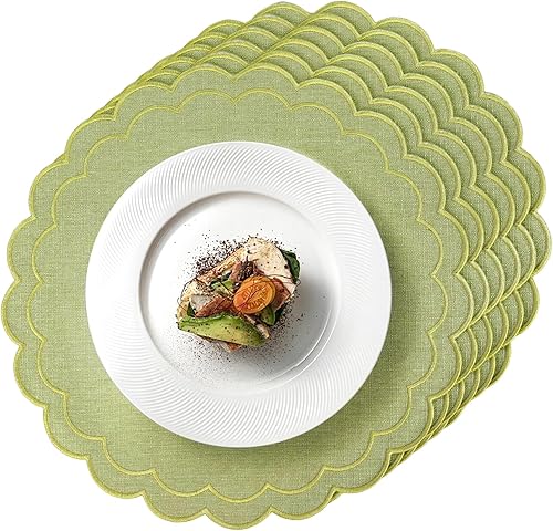 Juego de 6 manteles individuales de algodón y lino, 15 pulgadas, manteles individuales de tela festoneada con bordado de flores de doble capa,